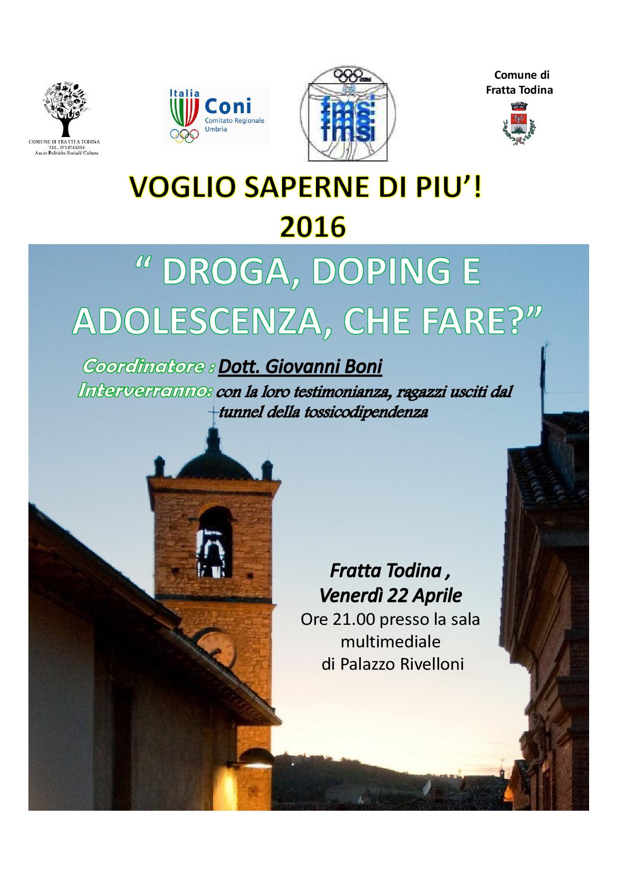 FMSI-CONI UMBRIA: CONVEGNO SU DROGA, DOPING E ADOLESCENZA A FRATTA TODINA