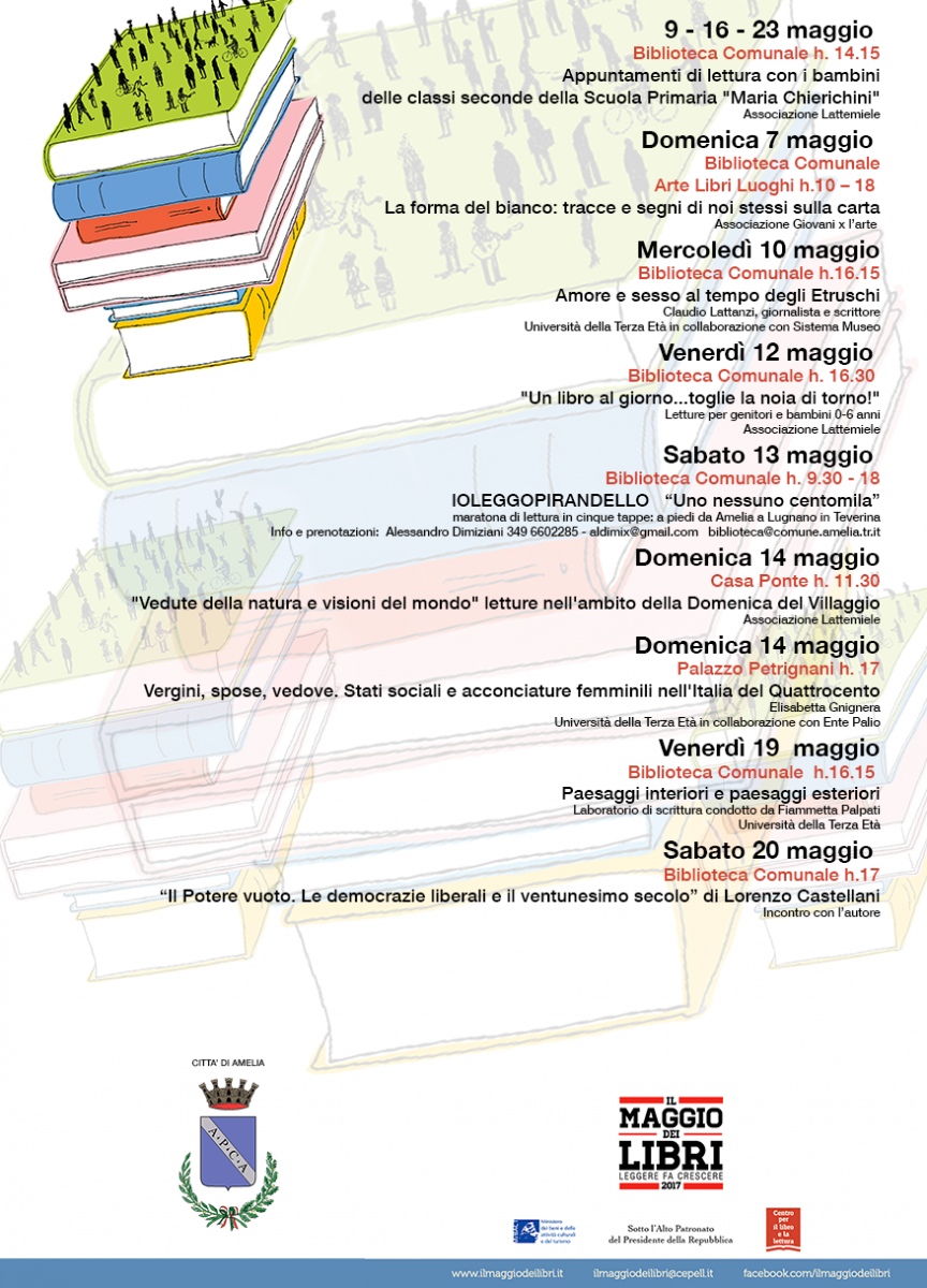 AMELIA, 11 APPUNTAMENTI PER MAGGIO DEI LIBRI DAL 7 AL 23 MAGGIO 2017.
