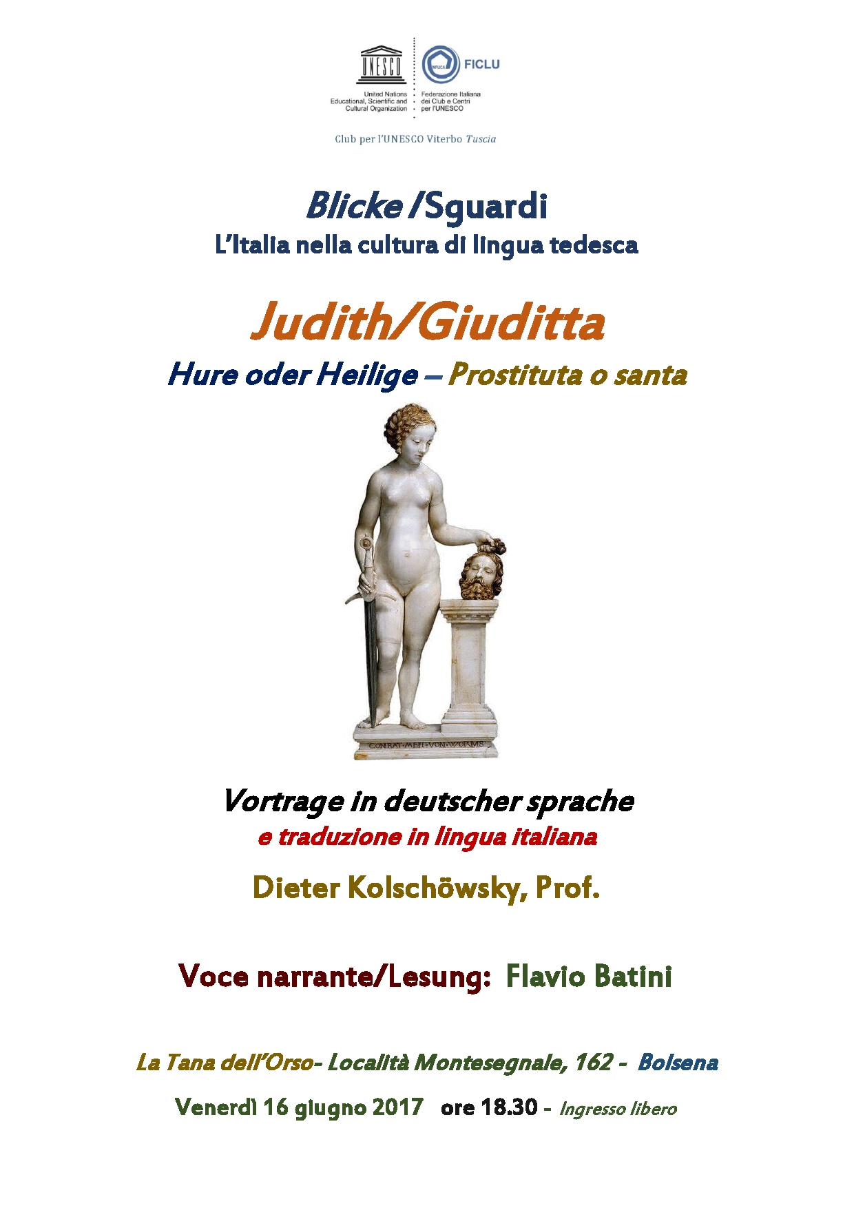 CLUB UNESCO TUSCIA: UN NUOVO INCONTRO DELLA RASSEGNA “BLICKE/SGUARDI – L’ITALIA NELLA CULTURA DI LINGUA TEDESCA”