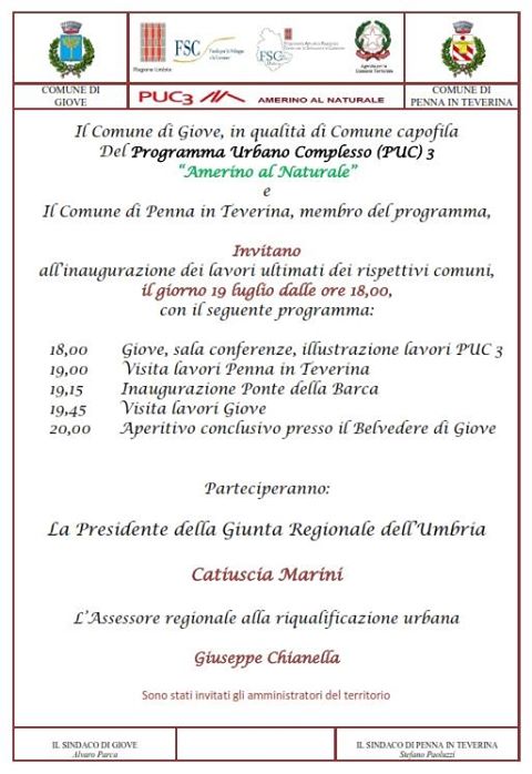 PUC3: PRESIDENTE MARINI A GIOVE E PENNA IN TEVERINA PER INAUGURAZIONE DOPO INTERVENTI DI RIQUALIFICAZIONE.