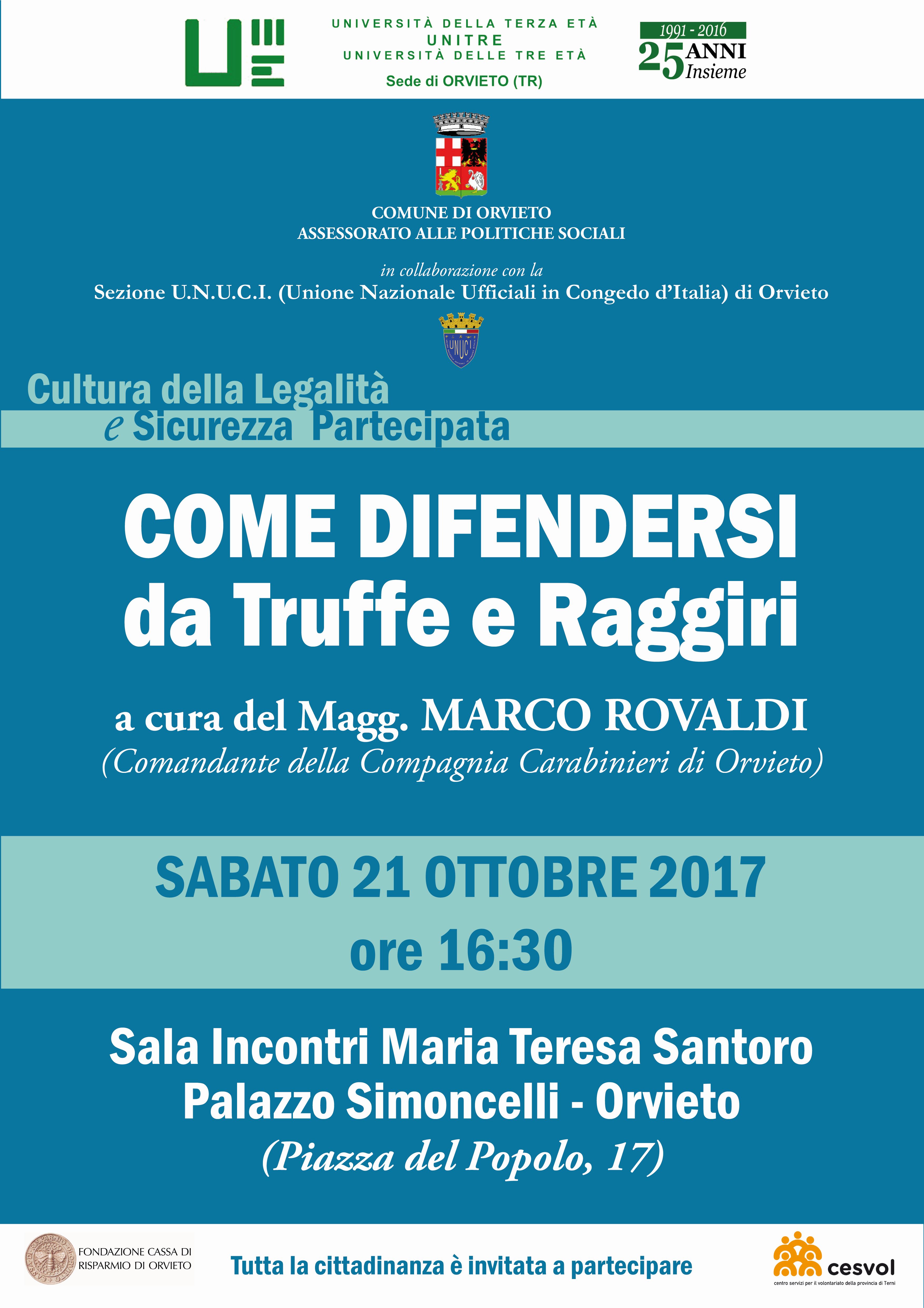 ALL’UNITRE DI ORVIETO INCONTRO PUBBLICO SU “COME DIFENDERSI DA TRUFFE E RAGGIRI”.