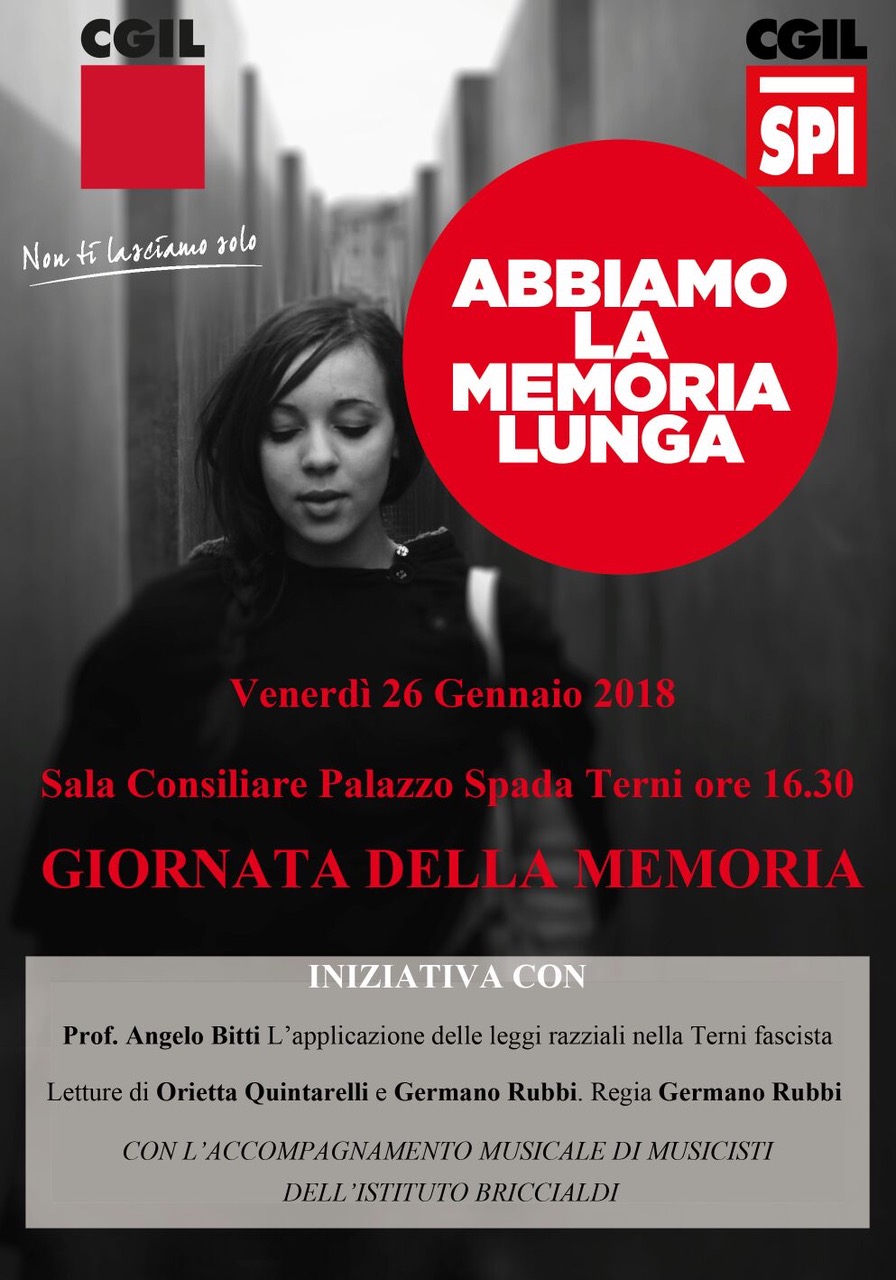 GIORNO DELLA MEMORIA: OGGI (26 GENNAIO) INIZIATIVA CGIL A TERNI SULLE LEGGI RAZZIALI NELLA TERNI FASCISTA.