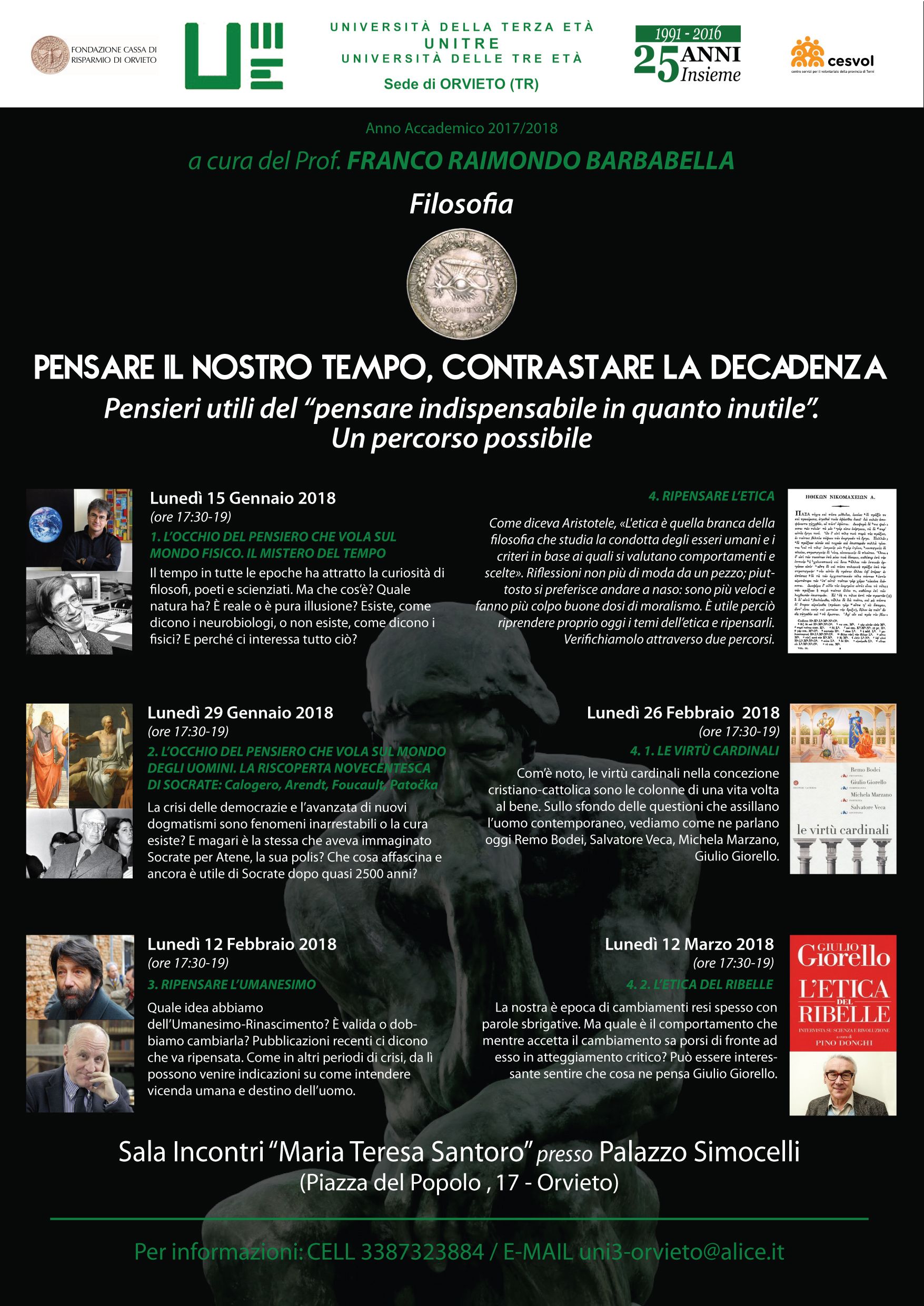 ALL’UNITRE CORSO DI FILOSOFIA SULE TEMA: “PENSARE IL NOSTRO TEMPO. CONTRASTARE LA DECADENZA”.