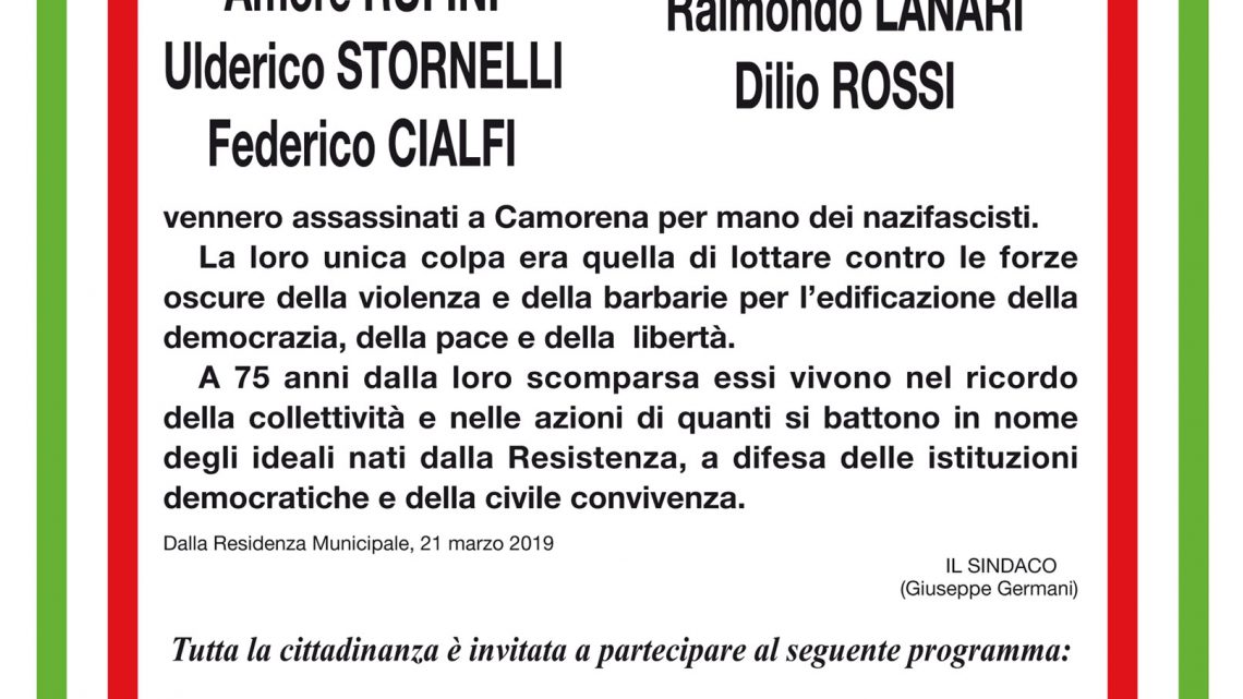 75° ANNIVERSARIO ECCIDIO DI CAMORENA – 29 MARZO 1944 – 29 MARZO 2019