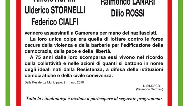 75° ANNIVERSARIO ECCIDIO DI CAMORENA – 29 MARZO 1944 – 29 MARZO 2019