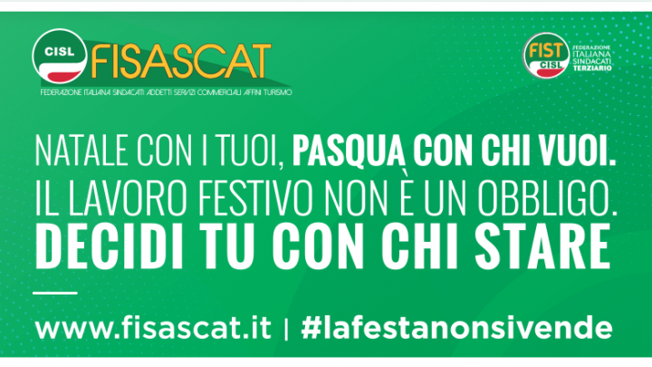 SANTA PASQUA E FESTIVITA’ DEL 25 APRILE, 1° MAGGIO E 2 GIUGNO, I SINDACATI INVITANO ALL’ASTENSIONE DALLA PRESTAZIONE LAVORATIVA. GUARINI (FISASCAT CISL): «NON C’E’ OBBLIGO CONTRATTUALE, MATERIA DELLE APERTURE COMMERCIALI SIA DEMANDATA A CONCERTAZIONE TRA PARTI SOCIALI E A CONTRATTAZIONE AZIENDA SINDACATI»