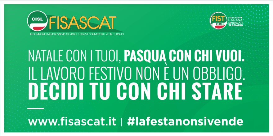 SANTA PASQUA E FESTIVITA’ DEL 25 APRILE, 1° MAGGIO E 2 GIUGNO, I SINDACATI INVITANO ALL’ASTENSIONE DALLA PRESTAZIONE LAVORATIVA. GUARINI (FISASCAT CISL): «NON C’E’ OBBLIGO CONTRATTUALE, MATERIA DELLE APERTURE COMMERCIALI SIA DEMANDATA A CONCERTAZIONE TRA PARTI SOCIALI E A CONTRATTAZIONE AZIENDA SINDACATI»