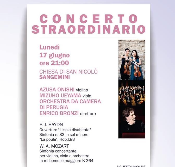 CONCERTO STRAORDINARIO  LUNEDÌ 17 GIUGNO 2019 ORE 21.00   SAN GEMINI – CHIESA DI SAN NICOLÒ  ORCHESTRA DA CAMERA DI PERUGIA