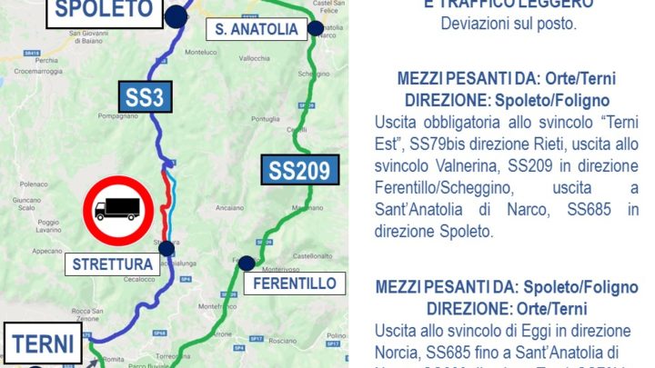UMBRIA, ANAS: RESTA PROVVISORIAMENTE CHIUSA LA SS3 “FLAMINIA” TRA SPOLETO E TERNI