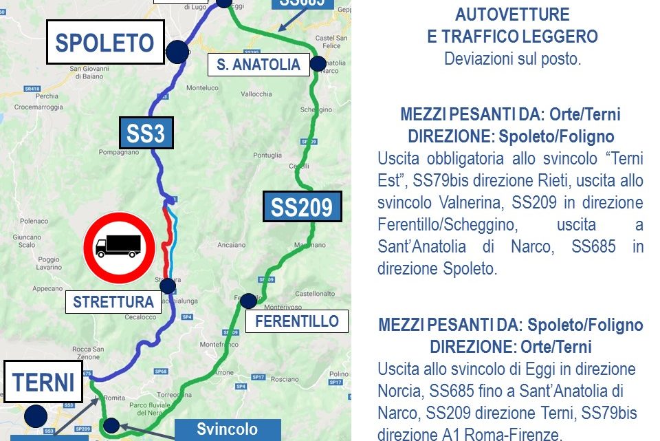 UMBRIA, ANAS: RESTA PROVVISORIAMENTE CHIUSA LA SS3 “FLAMINIA” TRA SPOLETO E TERNI