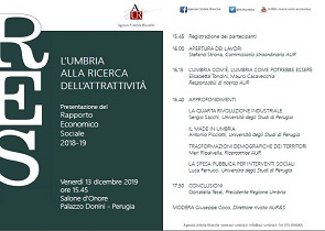 AUR; RAPPORTO ECONOMICO E SOCIALE DELL’UMBRIA 2018-2019, VENERDÌ 13 LA PRESENTAZIONE