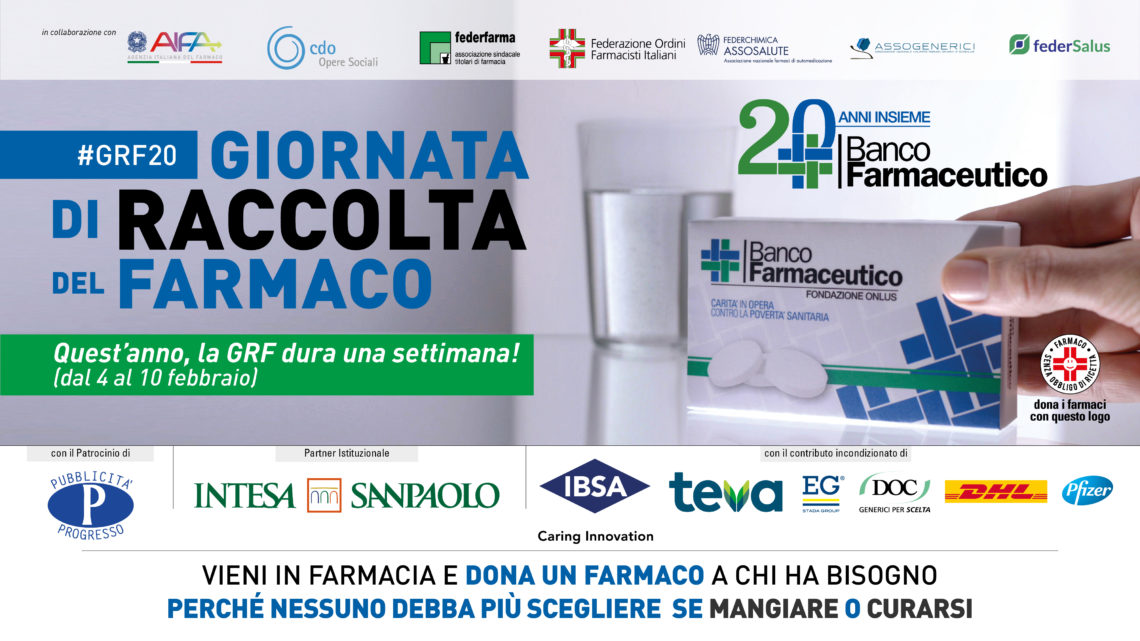 NEL 2020, LA GRF – GIORNATA DI RACCOLTA DEL FARMACO  DI BANCO FARMACEUTICO DURA UNA SETTIMANA (DAL 4 AL 10 FEBBRAIO)