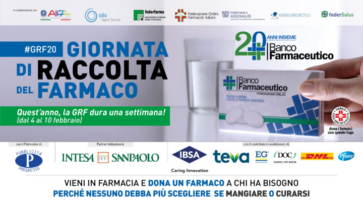 NEL 2020, LA GRF – GIORNATA DI RACCOLTA DEL FARMACO  DI BANCO FARMACEUTICO DURA UNA SETTIMANA (DAL 4 AL 10 FEBBRAIO)