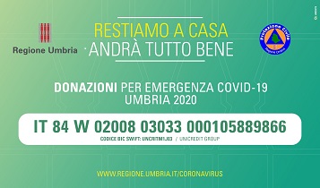 CORONAVIRUS, ANCHE ATTRAVERSO PAGOUMBRIA POSSIBILE DONARE SU CC ATTIVATO DA REGIONE UMBRIA