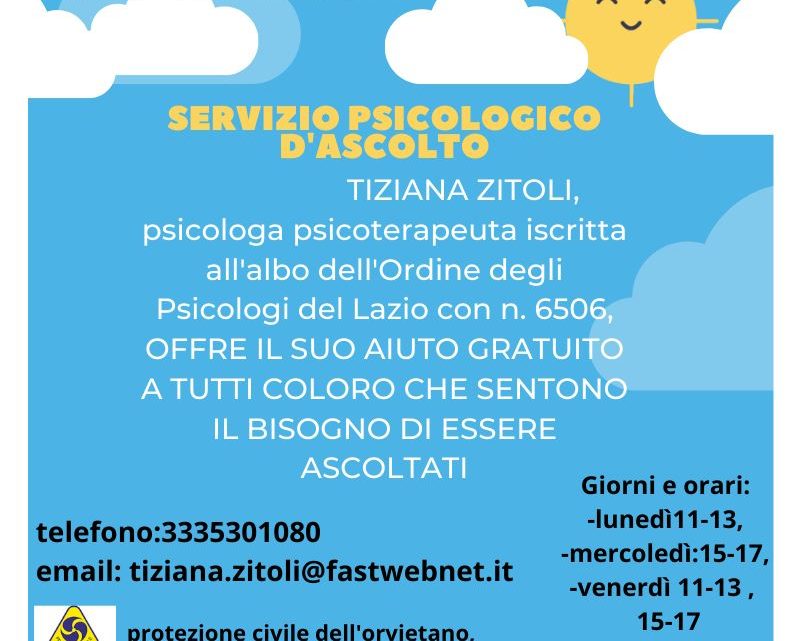 LA PROTEZIONE CIVILE DELL’ORVIETANO AVVIA IL SERVIZIO PSICOLOGICO DI ASCOLTO