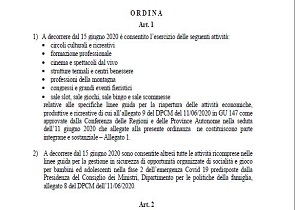 CORONAVIRUS; PRESIDENTE TESEI FIRMA ORDINANZA PER RIAVVIO ULTERIORI ATTIVITÀ DAL 15 GIUGNO