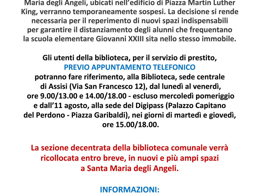 LA BIBLIOTECA DI SANTA MARIA DEGLI ANGELI  DALL’11 AGOSTO SI TRASFERISCE AL DIGIPASS