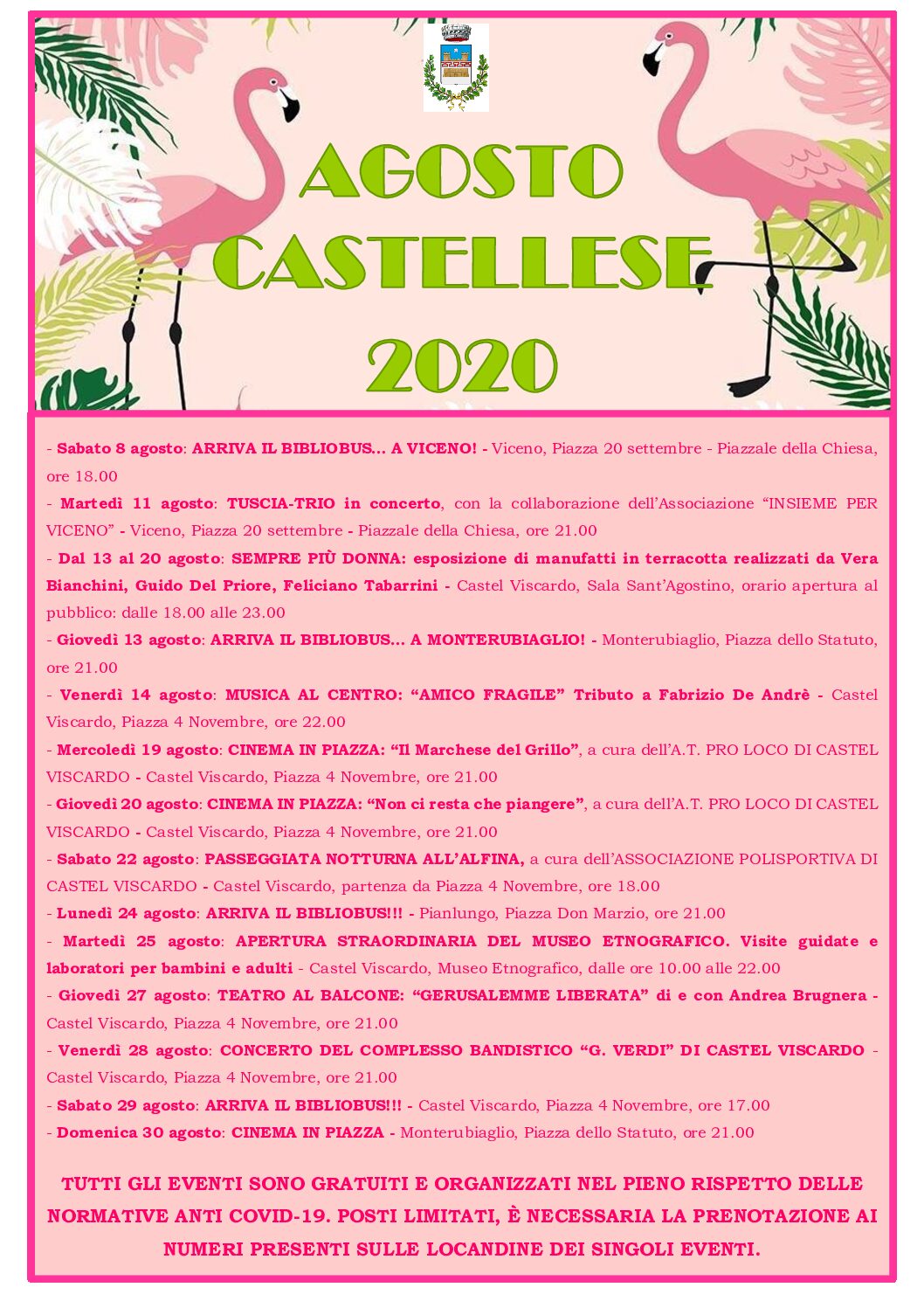 ANCHE QUEST’ANNO TORNA L’AGOSTO CASTELLESE  APPUNTAMENTI CON PRENOTAZIONE OBBLIGATORIA FINO AL 27 AGOSTO