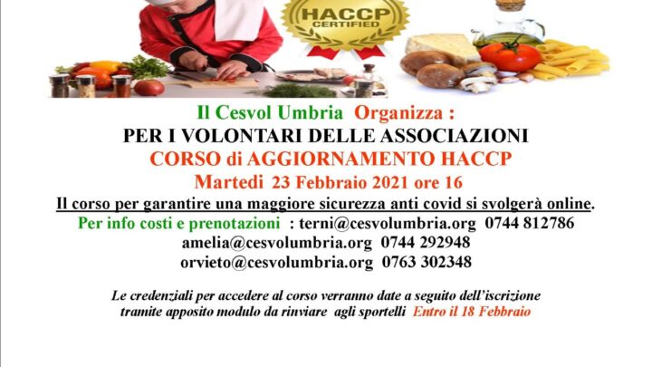 TERNI, VIA ALLE ISCRIZIONI AL CORSO DI AGGIORNAMENTO HACCP DEL CESVOL