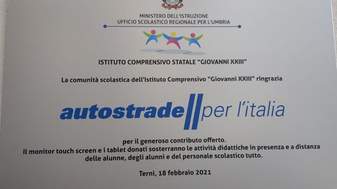 DIDATTICA A DISTANZA, AUTOSTRADE PER L’ITALIA CONSEGNA 25 TABLET E UNA LIM ALL’ISTITUTO “GIOVANNI XXIII” DI TERNI.
