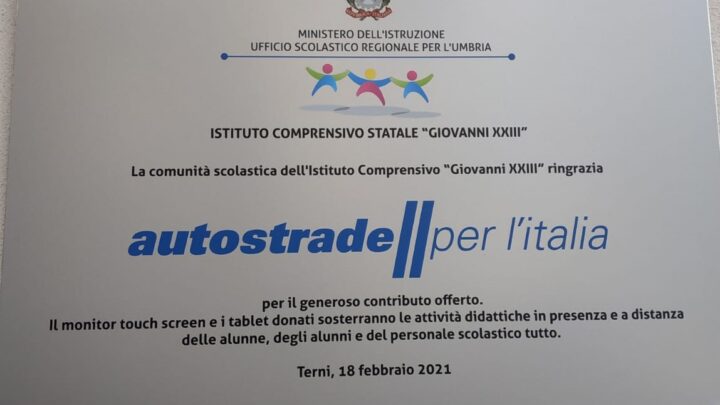 DIDATTICA A DISTANZA, AUTOSTRADE PER L’ITALIA CONSEGNA 25 TABLET E UNA LIM ALL’ISTITUTO “GIOVANNI XXIII” DI TERNI.