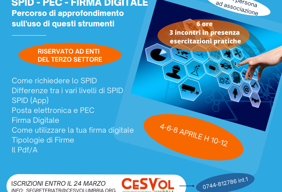 SPID, PEC E FIRMA DIGITALE:  CORSO GRATUITO DEL CESVOL PER GLI ENTI DEL TERZO SETTORE