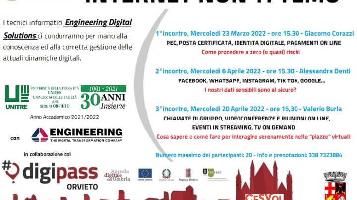 “INTERNET NON TI TEMO”: UNITRE ORVIETO PROMUOVE TRE INCONTRI SUL MONDO DIGITALE PRESSO IL DIGIPASS