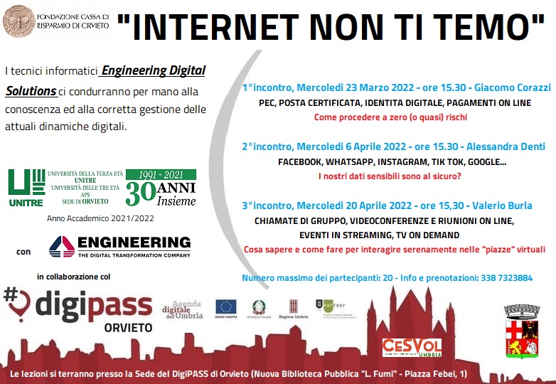 “INTERNET NON TI TEMO”: UNITRE ORVIETO PROMUOVE TRE INCONTRI SUL MONDO DIGITALE PRESSO IL DIGIPASS