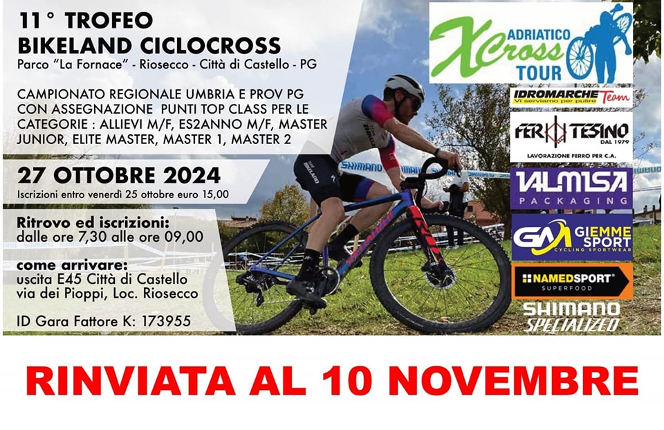 ADRIATICO CROSS TOUR: A CITTÀ DI CASTELLO SLITTAMENTO DEL TROFEO BIKELAND CICLOCROSS A DOMENICA 10 NOVEMBRE