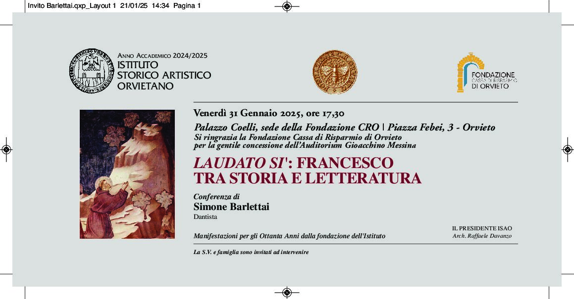 CONFERENZA DELL’ISTITUTO STORICO ARTISTICO ORVIETANO, 31 GENNAIO 2025. PER GLI 800 ANNI DEL CANTICO DELLE CREATURE DI FRANCESCO DI ASSISI.
