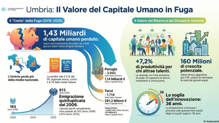 UMBRIA, IL CONTO DEI GIOVANI CHE PARTONO 1,43 MILIARDI DI CAPITALE UMANO PERDUTO. PERUGIA PERDE 1,14 MILIARDI, TERNI 291 MILIONI