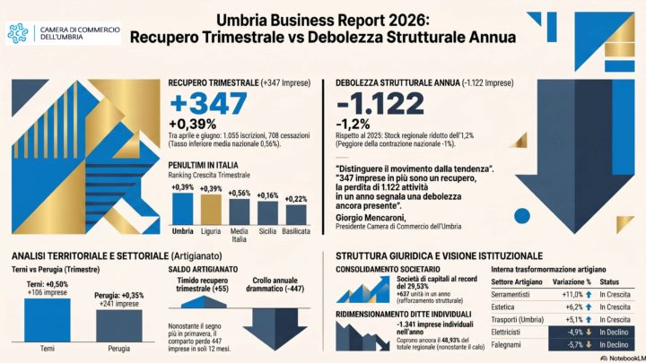 UMBRIA, 347 IMPRESE IN PIÙ  NEL SECONDO TRIMESTRE,  MA IL PASSO RESTA LENTO. TERNI CRESCE PIÙ RAPIDAMENTE DI PERUGIA,  L’ARTIGIANATO TORNA A CRESCERE
