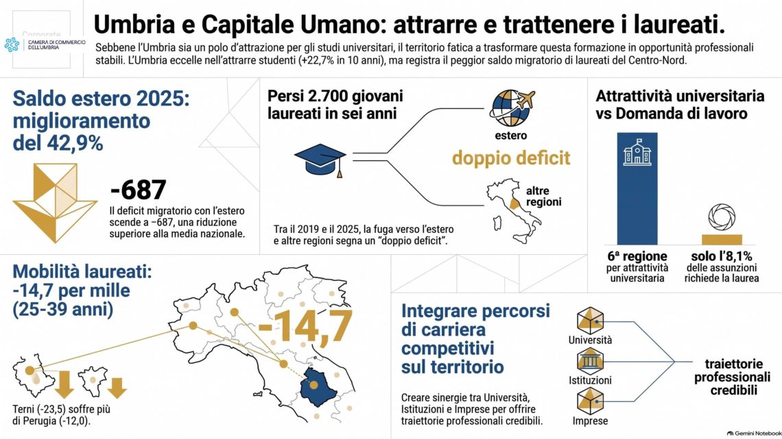 NEL 2025 SI RIDUCE PIÙ DELLA MEDIA NAZIONALE LA PERDITA DEGLI ITALIANI RESIDENTI IN UMBRIA VERSO L’ESTERO, MA SUI GIOVANI LAUREATI RESTA IL DOPPIO DEFICIT
