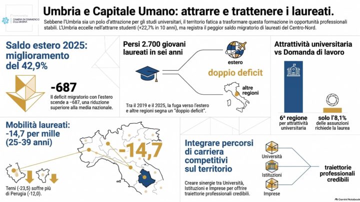 NEL 2025 SI RIDUCE PIÙ DELLA MEDIA NAZIONALE LA PERDITA DEGLI ITALIANI RESIDENTI IN UMBRIA VERSO L’ESTERO, MA SUI GIOVANI LAUREATI RESTA IL DOPPIO DEFICIT